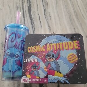 Disney Stitch Blue and Pink Cosmic Puzzle and Tumbler Set